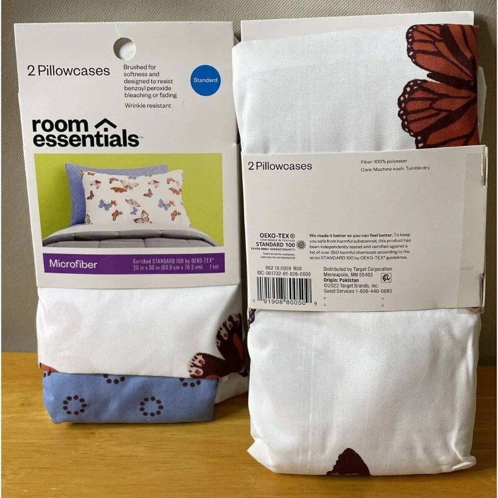 Room Essentials (4) 2 Pk Microfiber Standard Butterfly & Dots Pillowcases NEW‎